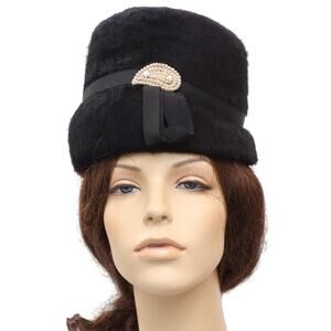 Vintage 60s Women's Black Wool Cossack Hat Pearl Rhinestone Trim Cloche